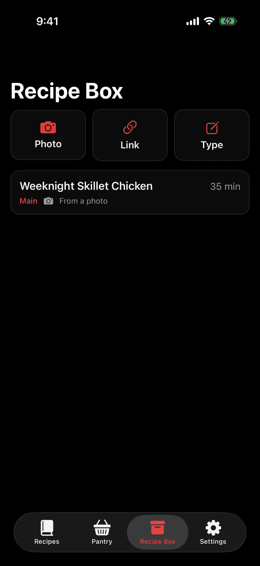 Recipe Box screen with photo, link, and type import