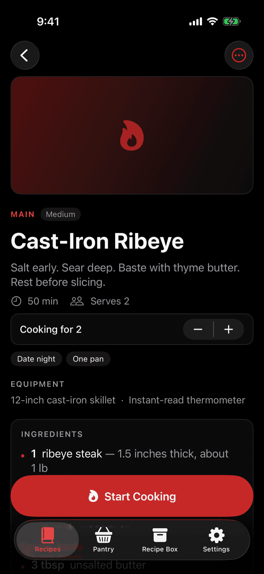 Cast-Iron Ribeye recipe screen with serving scaler and ingredients