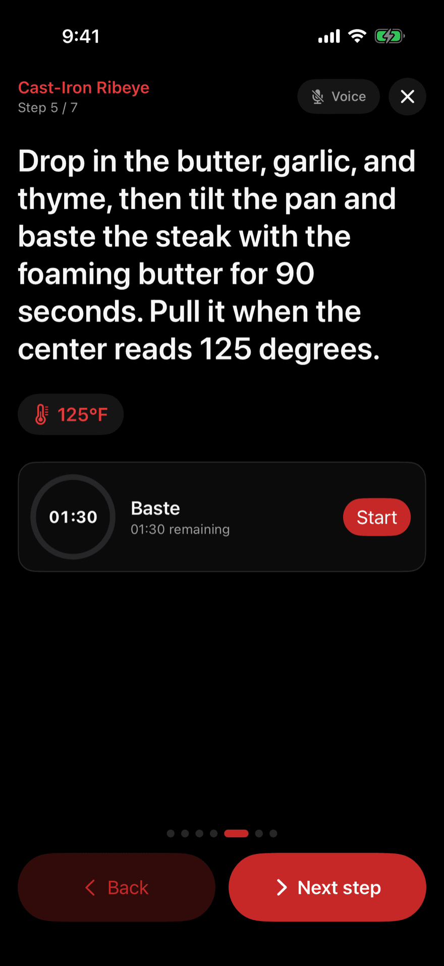 Cook Mode on the ribeye's baste step, timer ready to start