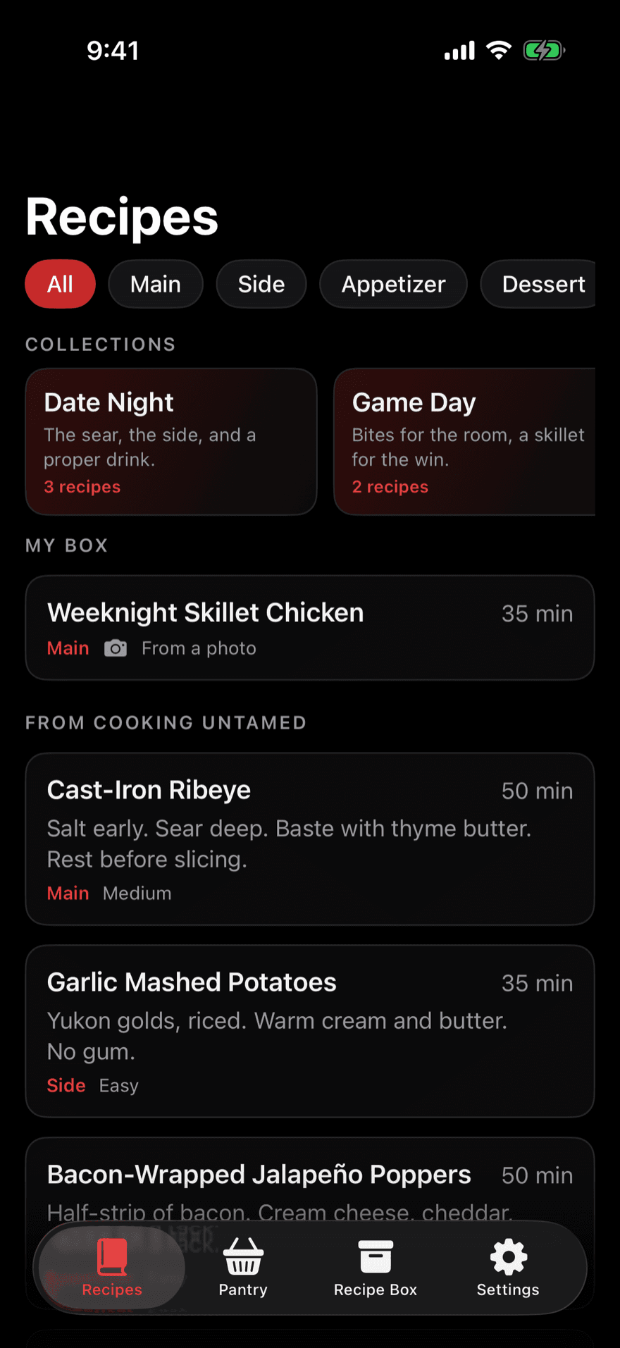Cooking Untamed recipes screen with collections and the recipe list