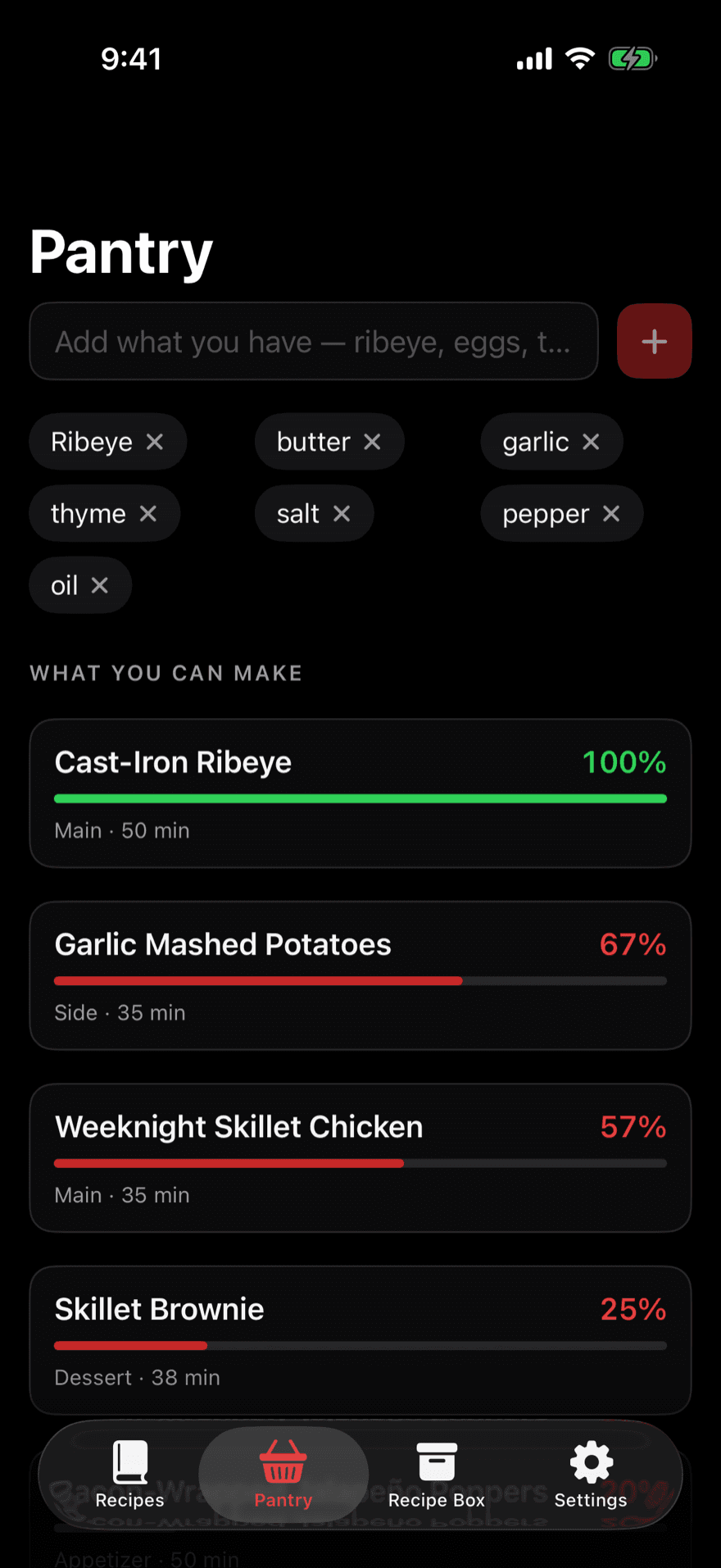 Pantry screen ranking recipes by ingredient matches